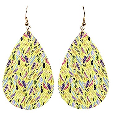 Feather Pattern Print Canvas Teardrop Earring