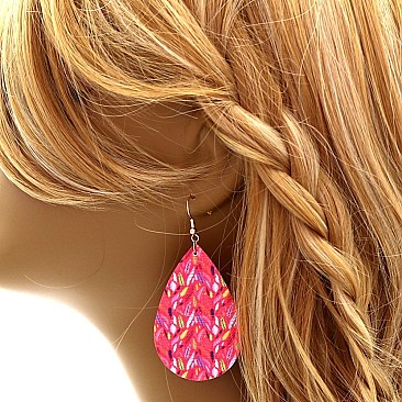 Feather Pattern Print Canvas Teardrop Earring