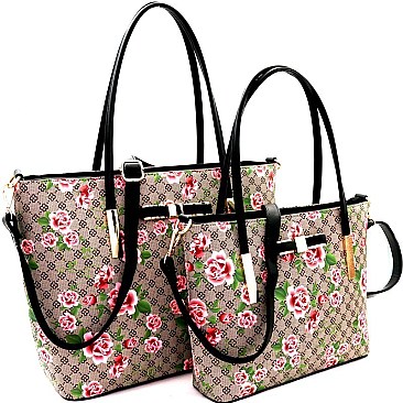 Flower Print Monogram Bow Accent Twin Tote SET MH-FL7002