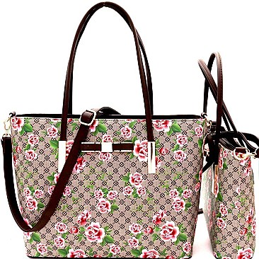 Flower Print Monogram Bow Accent Twin Tote SET MH-FL7002