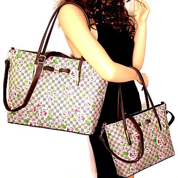 Flower Print Monogram Bow Accent Twin Tote SET MH-FL7002