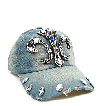 BIG RHINESTONE FLEUR DE LIS VINTAGE DENIM CAP
