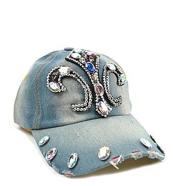 BIG RHINESTONE FLEUR DE LIS VINTAGE DENIM CAP