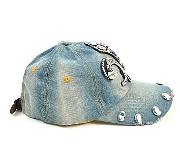 BIG RHINESTONE FLEUR DE LIS VINTAGE DENIM CAP