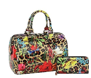 Flower Leopard Print Boston Satchel Wallet SET