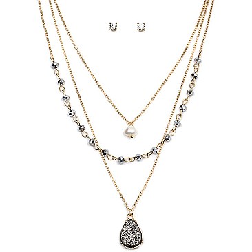 FS1621-LP Druzy Plastic Pearl Multi Layered Teardrop Necklace SET