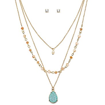 FS1621-LP Druzy Plastic Pearl Multi Layered Teardrop Necklace SET