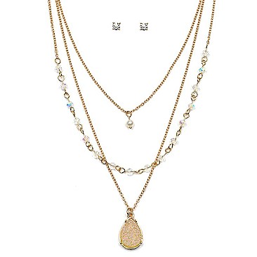 FS1621-LP Druzy Plastic Pearl Multi Layered Teardrop Necklace SET