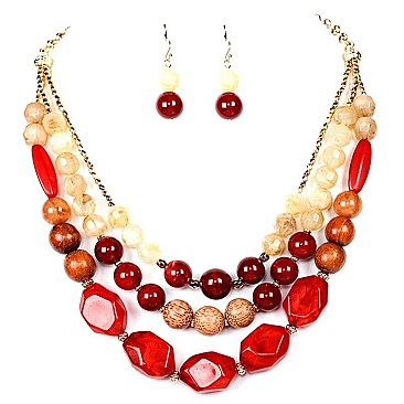 FS2025-LP Acrylic Bead Wood Layered Statement Necklace SET