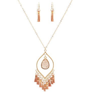 FS2101-LP Tread Tassel Druzy Stone Necklace SET