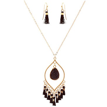 FS2101-LP Tread Tassel Druzy Stone Necklace SET