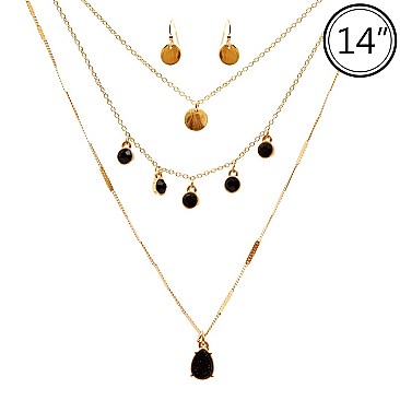 FS2114-LP Druzy Stone 3 Layered Teardrop Necklace SET