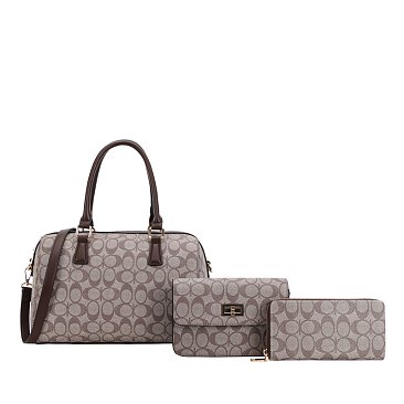 3-IN-1 OVAL PRINTED DUFFLE BOSTON BAG WITH CROSSBODY AND WALLET SET