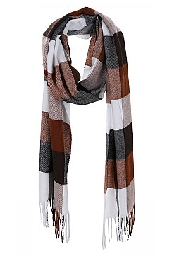 PACK OF 12 FASHION OBLONG TASSEL PLAID PRINT SCARF
