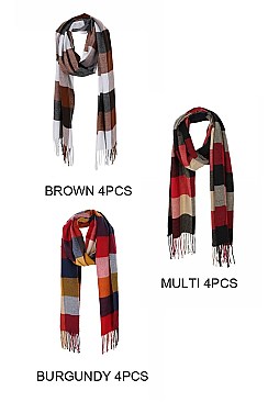 PACK OF 12 FASHION OBLONG TASSEL PLAID PRINT SCARF