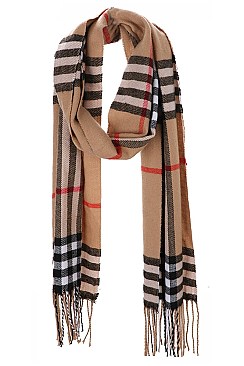 PACK OF 12 FASHION PLAID PRINT ASSORTED COLOR OBLONG TASSEL SCARF