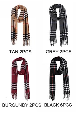 PACK OF 12 FASHION PLAID PRINT ASSORTED COLOR OBLONG TASSEL SCARF