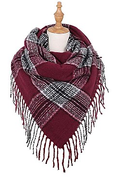 PACK OF 12PCS ASSORTED COLOR PLAID PATTERN BLANKET TASSEL SCARVES