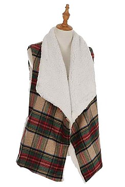 MULTI TONE PLAID PATTERN FAUX SHEARLING VEST