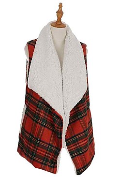 MULTI TONE PLAID PATTERN FAUX SHEARLING VEST