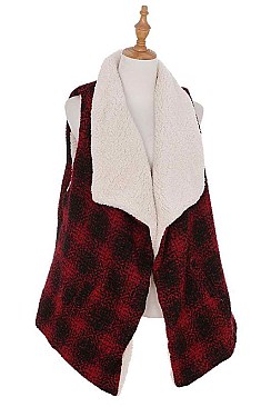 MULTI TONE PLAID PATTERN FAUX SHEARLING VEST