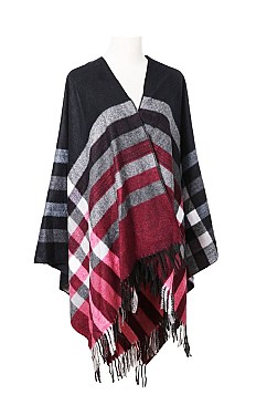 TRENDY PLAID PATTERN FRINGE PONCHO