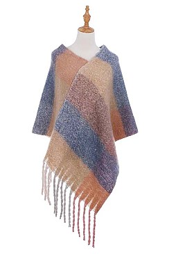 PACK OF 6PCS ASSORTED COLOR PLAID FRINGE PONCHO