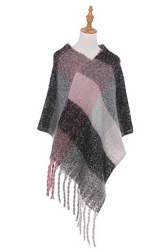 PACK OF 6PCS ASSORTED COLOR PLAID FRINGE PONCHO