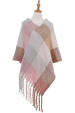 PACK OF 6PCS ASSORTED COLOR PLAID FRINGE PONCHO