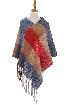 PACK OF 6PCS ASSORTED COLOR PLAID FRINGE PONCHO