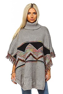 Stylish Multi Tone Tassel Accent Turtleneck Poncho FM-AV194