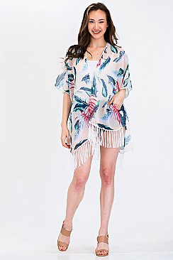 Pack of 6 Chic Jungle Leaf Print Tassel Kimono