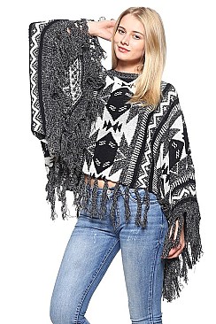 Fashionable Geometric Knitted Fringe Poncho FM-PC038