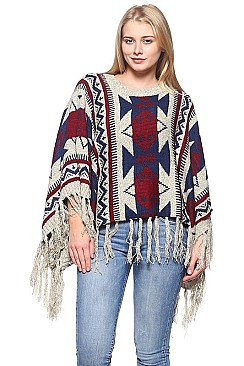 Fashionable Geometric Knitted Fringe Poncho FM-PC038