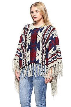 Fashionable Geometric Knitted Fringe Poncho FM-PC038