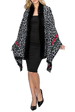 FUR ACCENT LEOPARD PRINT SHAWL