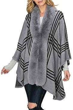 SOFT FUR COLLAR PLAID PATTERN PONCHO