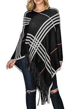 PACK OF 6PCS ASSORTED COLOR PLAID PATTERN FRINGE PONCHO