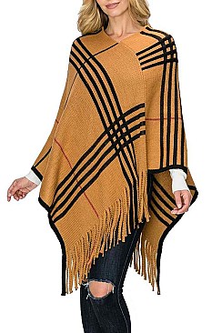 PACK OF 6PCS ASSORTED COLOR PLAID PATTERN FRINGE PONCHO