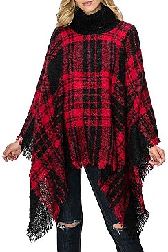PACK OF 6PCS ASSORTED COLOR PLAID PATTERN FRINGE PONCHO