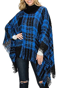 PACK OF 6PCS ASSORTED COLOR PLAID PATTERN FRINGE PONCHO