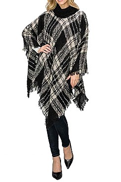 PACK OF 6PCS ASSORTED COLOR PLAID PATTERN FRINGE PONCHO