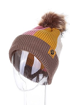 PACK OF 12 FASHION POMPOM MULTI TONE BEANIES