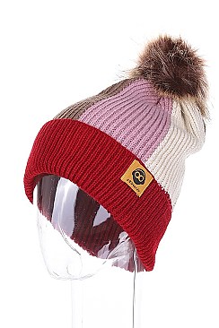 PACK OF 12 FASHION POMPOM MULTI TONE BEANIES