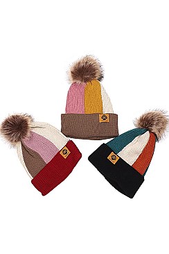 PACK OF 12 FASHION POMPOM MULTI TONE BEANIES