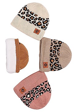 PACK OF 12 WARM FLEECE LINED LEOPARD BEANIES