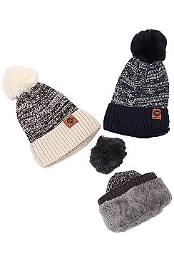 PACK OF 12 FLEECE LINED DETACHABLE POMPOM BEANIES