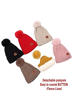 PACK OF 12 ASSORTED COLOR UNIQUE DETACHABLE POMPOM BEANIE