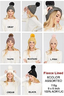 Pack of 12 Classic Fleece Lined Pom Pom Knitted Beanies