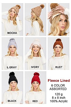 Pack of 12 Comfy Fleece Lined Pom Pom Knitted Beanies